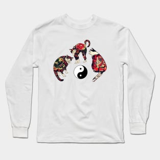 THREE JAPANESE CATS WITH  DRAGON,RED DEVIL TATTOOS AND YIN YANG SYMBOL Long Sleeve T-Shirt